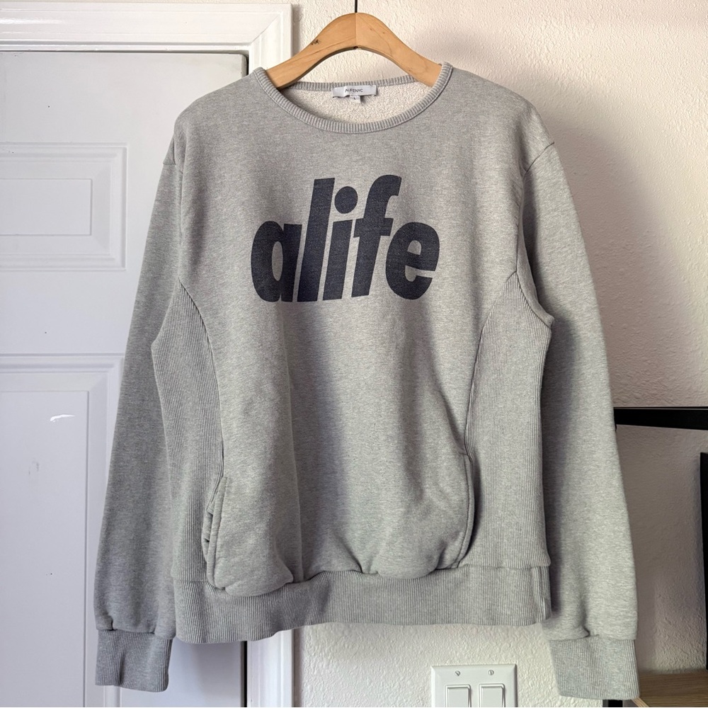 ALIFE heather grey logo boxy cropped crew neck‎ knit terry cotton pullover